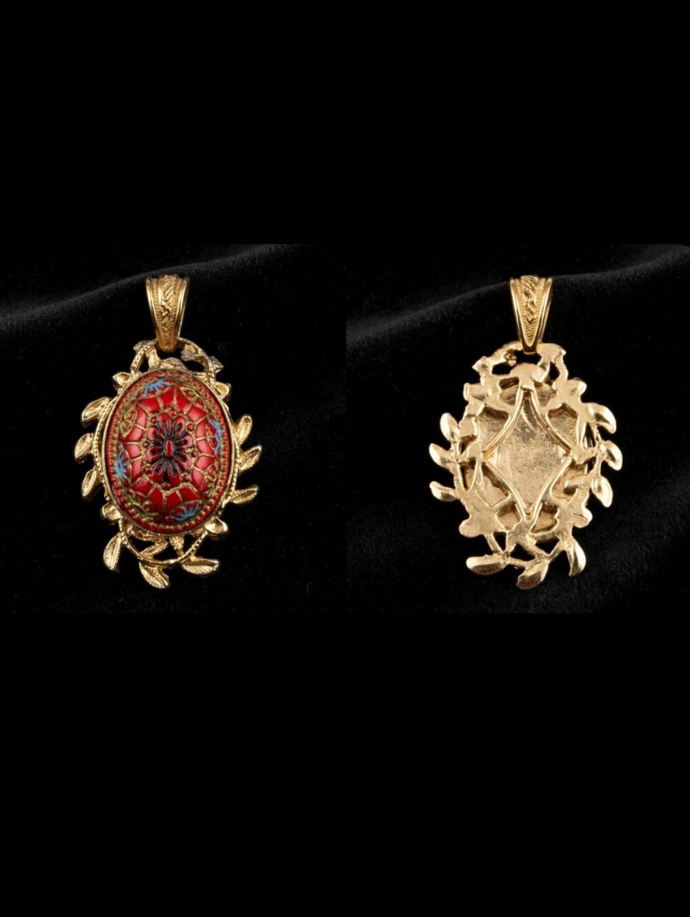 Vintage Gold-Tone & Red Enamel Leafy Pendant